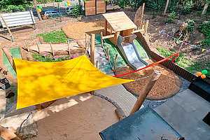 Ev. Kita Grünes Dreieck: Fertiggestellter Krippenspielplatz, 17. Juni 2025 (© WFP Bernward Benedikt Jansen Landschaftsarchitekt:innen)
