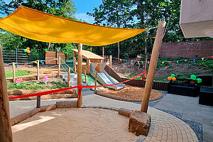Ev. Kita Grünes Dreieck: Fertiggestellter Krippenspielplatz, 17. Juni 2025 (© WFP Bernward Benedikt Jansen Landschaftsarchitekt:innen)