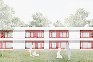 Ev. Kita Regenbogenland: Ansicht Südseite Ev. Zentrum für soziale Dienste (© LKK Architekt:innen)